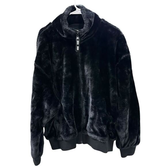 Ugg Laken Black Mock Neck Fleece Faux Fur Jacket L - Picture 1 of 10